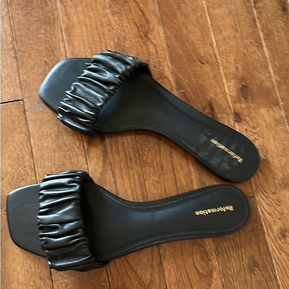 Reformation Black Slide Sandals with Ruched Strap